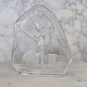 Disney Parks Arribas Tinker Bell Etched Glass Paperweight Needle and Thread